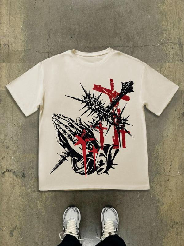 Men's Cross & Jesus Print Short Sleeve Tee, Casual Retro Round Neck T-Shirt, Regular Fit Summer Fashion, Men's Top for...