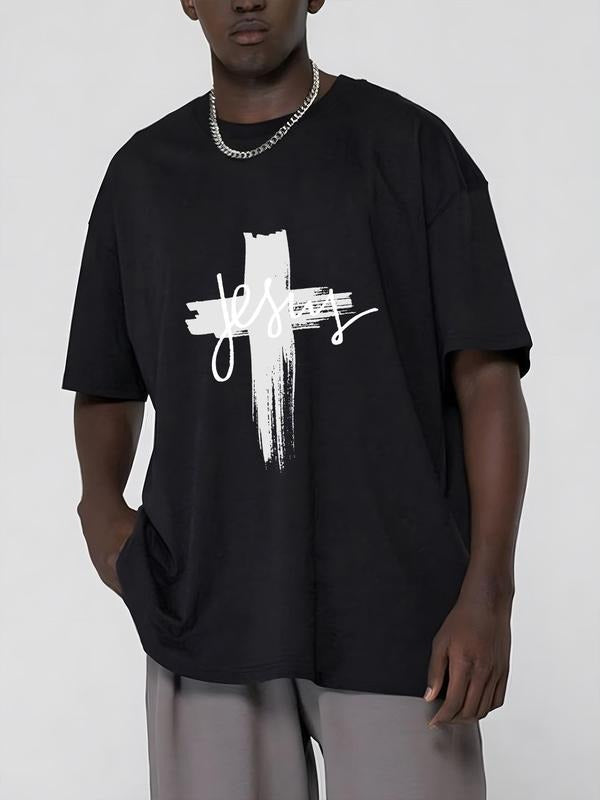 Men's Cross & Letter Print Drop Shoulder Crew Neck Tee, Loose-Fitting Casual Street Short Sleeve Round Neck T-Shirt for...