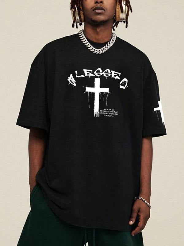 Men's Cross & Letter Print Round Neck Graphic Tee, Regular Fit Casual Short Sleeve T-shirt for Summer, Men's Top for...