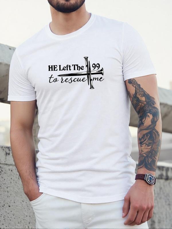 Men's Cross & Letter Print Round Neck Tee, Regular Fit Casual Short Sleeve Crew Neck T-Shirt for Daily Wear, Men's Top...