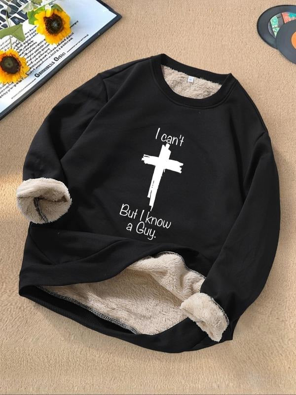 Men's Cross & Letter Print Sweatshirt, Casual Regular Fit Long Sleeve Round Neck Pullover for Fall & Winter, Men's...