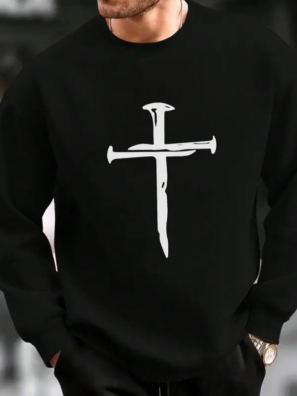 Men's Cross & Nail Print Round Neck Sweatshirt, Regular Fit Casual Long Sleeve Crew Neck Pullover for Fall & Winter,...