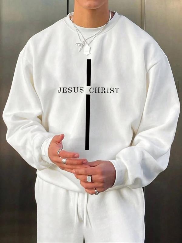 Men's Cross Letter Long Sleeve Shirt, Casual Round Neck Design, Comfortable Stretch Polyester Fabric, Perfect for Spring...