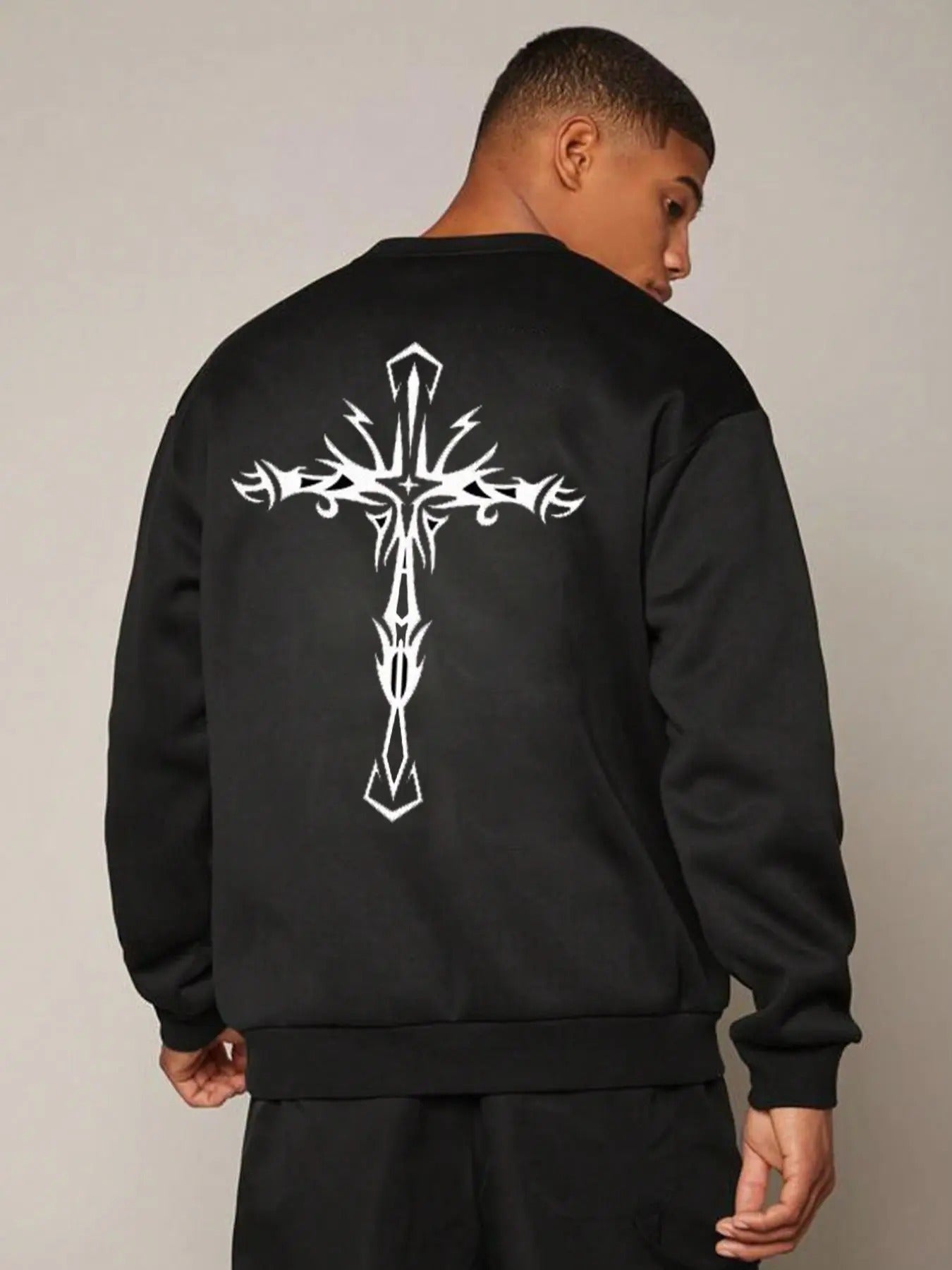 Men's Cross Print Drop Shoulder Sweatshirt, Regular Fit Casual Long Sleeve Round Neck Pullover for Fall & Winter, Men's...