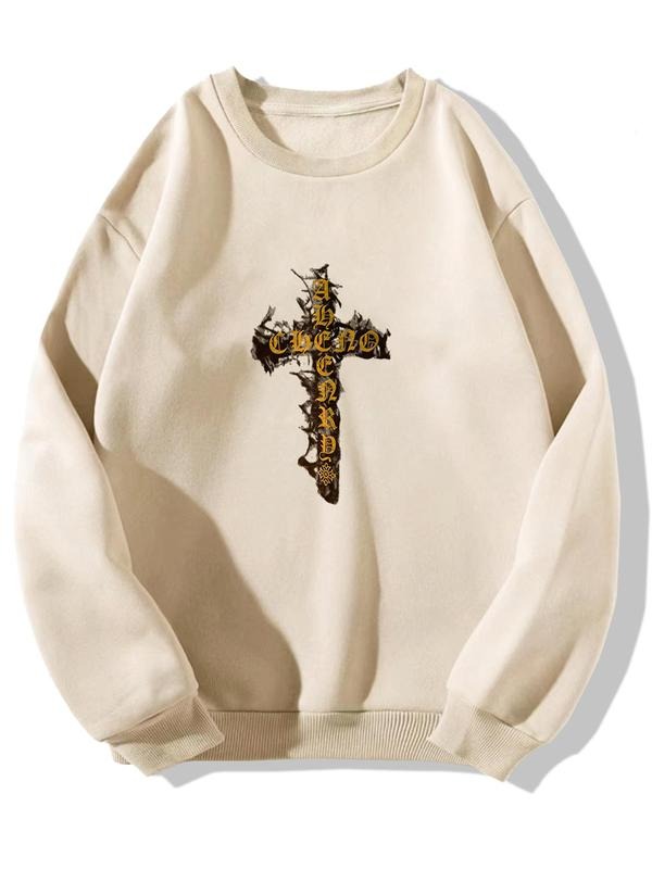 Men's Cross Print Drop Shoulder Sweatshirt, Regular Fit Casual Long Sleeve Round Neck Pullover for Fall & Winter, Men's...