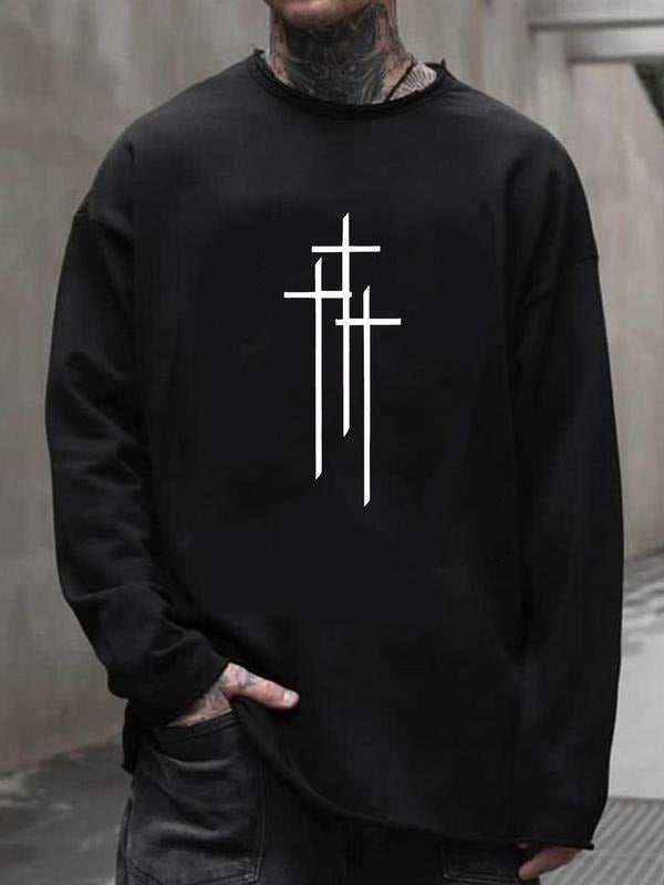 Men's Cross Print Drop Shoulder Sweatshirt, Regular Fit Casual Long Sleeve Round Neck Pullover for Fall & Winter, Men's...