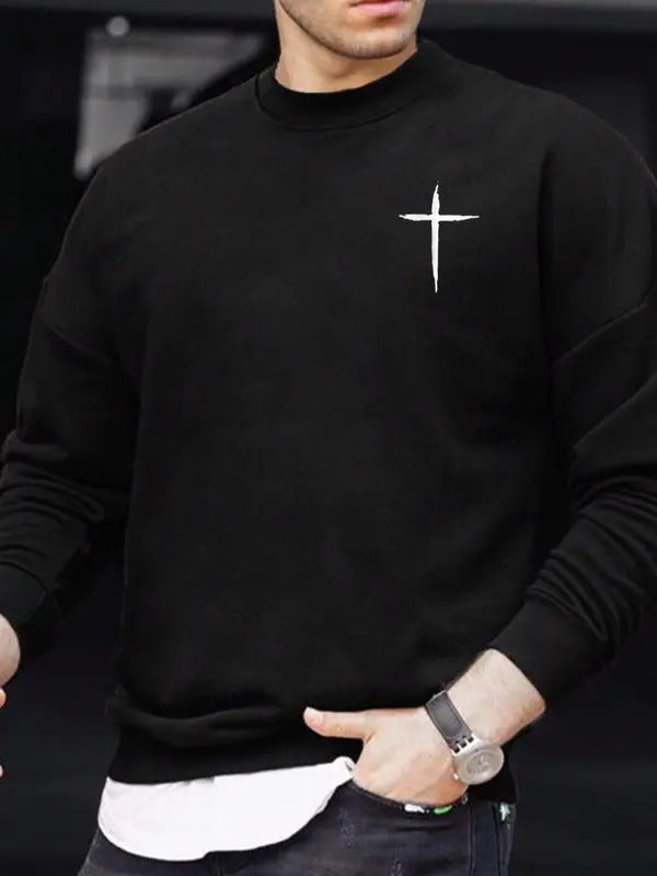 Men's Cross Print Drop Shoulder Sweatshirt, Regular Fit Casual Long Sleeve Round Neck Pullover for Fall & Winter, Men's...