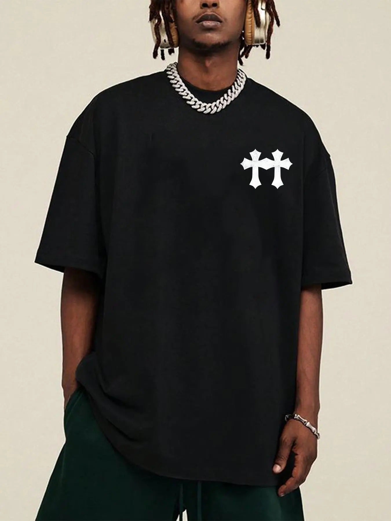 Men's Cross Print Drop Shoulder Tee, Loose Casual Comfy Half Sleeve Round Neck T-Shirt for Summer, Fashion Men's Top for...