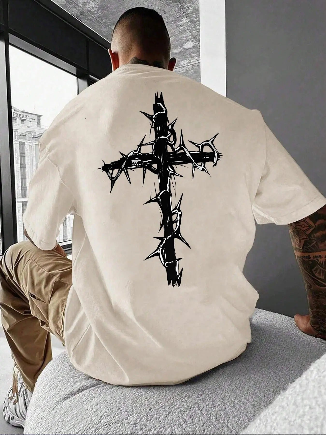 Men's Cross Print Round Neck Tee, Loose Casual Short Sleeve Crew Neck T-shirt for Summer, Fashion Men's Top for Daily...