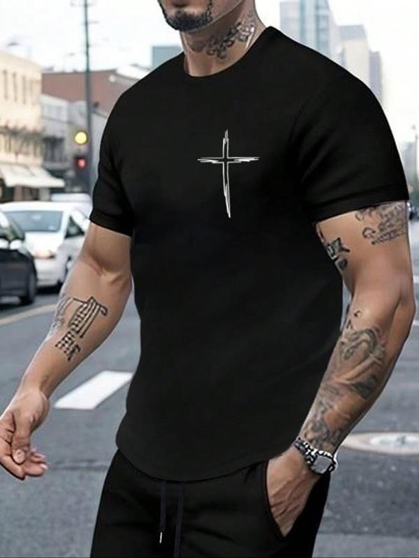 Men's Cross Print Round Neck Tee, Regular Fit Casual Short Sleeve Crew Neck T-Shirt for Summer, Fashion Men's Top for...