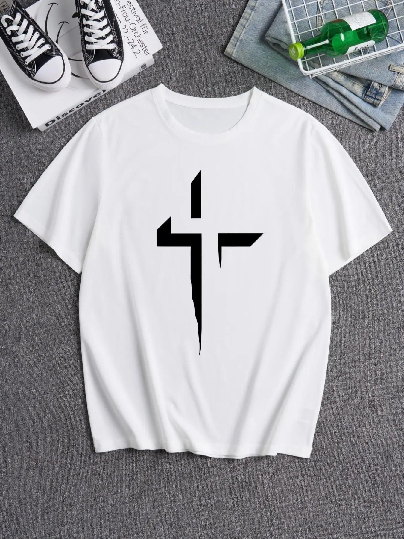 Men's Cross Print Short Sleeve Tee, Casual Round Neck T-shirt for Summer, Fashion Men's Loose Top for Daily Wear Hoodie,...