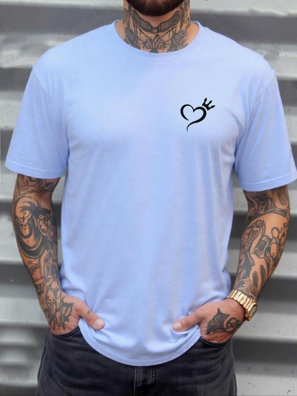 Men's Crown & Heart Print Round Neck Tee, Regular Fit Casual Short Sleeve Crew Neck T-Shirt for Daily Wear, Men's Top for...
