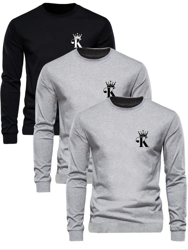 Men's Crown & Letter Print Round Neck Sweatshirt, Regular Fit Casual Long Sleeve Crew Neck Pullover for Fall & Winter,...
