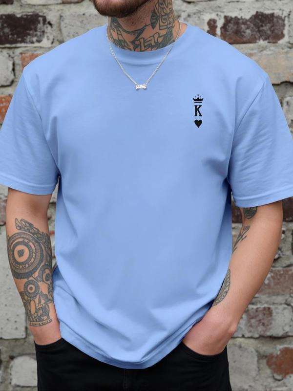 Men's Crown & Letter Print Round Neck Tee, Regular Fit Casual Short Sleeve Crew Neck T-Shirt for Daily Wear, Men's Top...