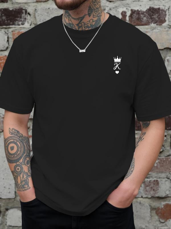Men's Crown & Letter Print Round Neck Tee, Regular Fit Casual Short Sleeve Crew Neck T-Shirt for Daily Wear, Men's Top...