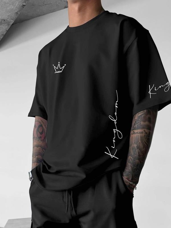 Men's Crown & Letter Print Round Neck Tee, Regular Fit Casual Short Sleeve Crew Neck T-Shirt for Summer, Fashion Men's...