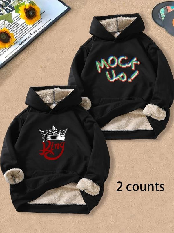Men's Crown & Letter Print Thermal Lined Hoodie, Casual Regular Fit Long Sleeve Hooded Sweatshirt for Fall & Winter,...