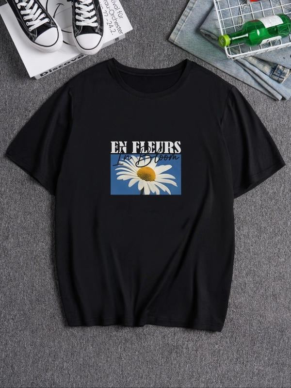 Men's Daisy & Letter Print Round Neck Tee, Casual Short Sleeve T-shirt for Summer, Men's Top for Daily Wear Hoodie,...