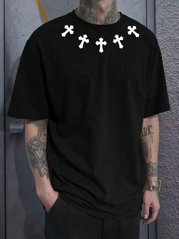 Men's Dark Gothic Cross T-Shirt, Street Style Casual Top with Multiple Cross Graphic for Gothic Fashion Fans, Streetwear...