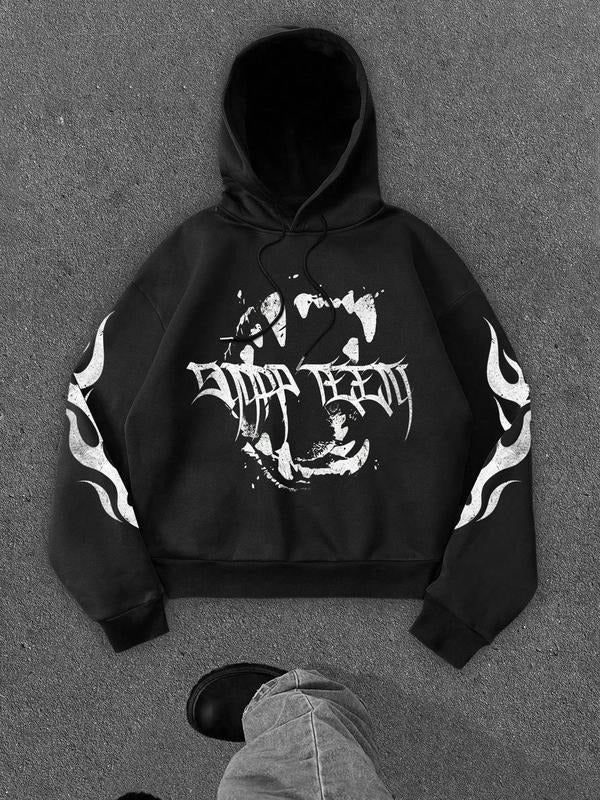 Men's Dark Loose Short Vampire Fangs Flame Print Hoodie, Street Dance Hip Hop Casual Comfortable Fashion Sweatshirt for...