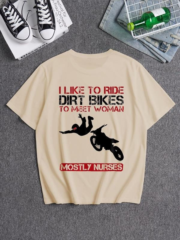 Men's Dirt Bike & Letter Print Round Neck Tee, Loose Street Fashion Soft Comfy Short Sleeve T-shirt for Daily Wear, Men's...