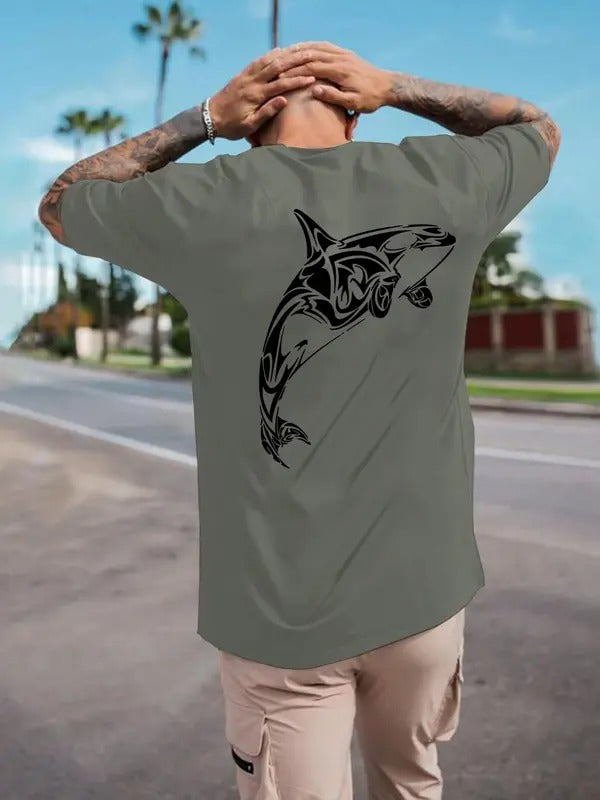 Men's Dolphin Print Round Neck Tee, Regular Fit Casual Short Sleeve Crew Neck T-shirt, Men's Top for Daily Wear Hoodie,...