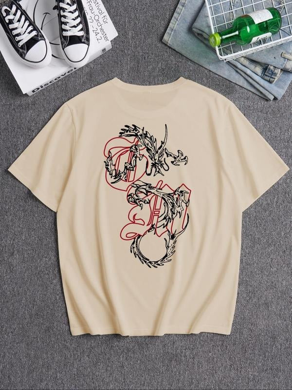 Men's Dragon & Letter Print Round Neck Tee, Loose Casual Short Sleeve Crew Neck T-Shirt for Summer, Fashion Men's Top for...