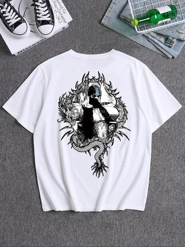 Men's Dragon & Letter Print Round Neck Tee, Loose Casual Short Sleeve Crew Neck T-shirt for Summer, Fashion Men's Top for...