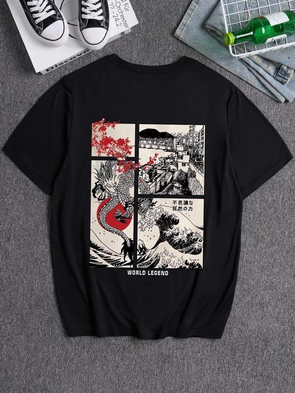 Men's Dragon & Letter Print Round Neck Tee, Loose Street Fashion Casual Short Sleeve T-shirt for Daily Wear, Men's Summer...