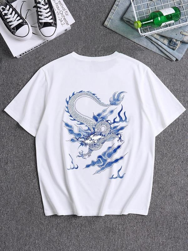 Men's Dragon Print Round Neck Tee, Loose Casual Fashion Short Sleeve T-shirt for Summer, Men's Top for Daily Wear Hoodie,...