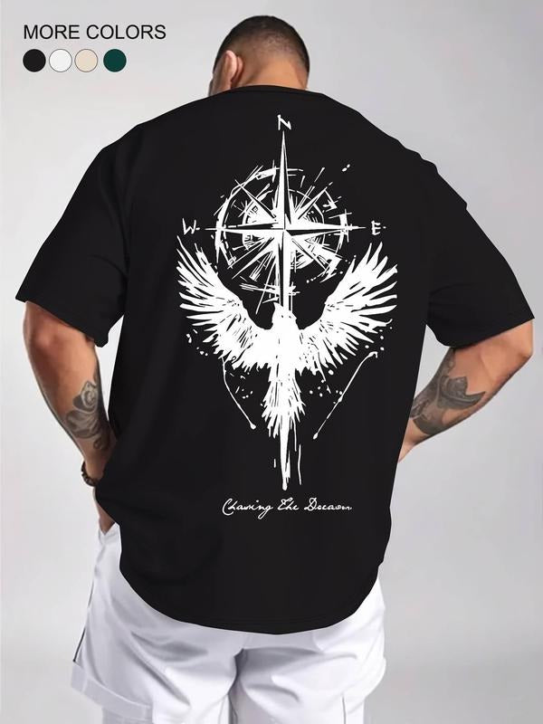 Men's Eagle & Compass Print Round Neck Tee, Regular Fit Casual Short Sleeve Crew Neck T-Shirt for Summer, Fashion Men's...