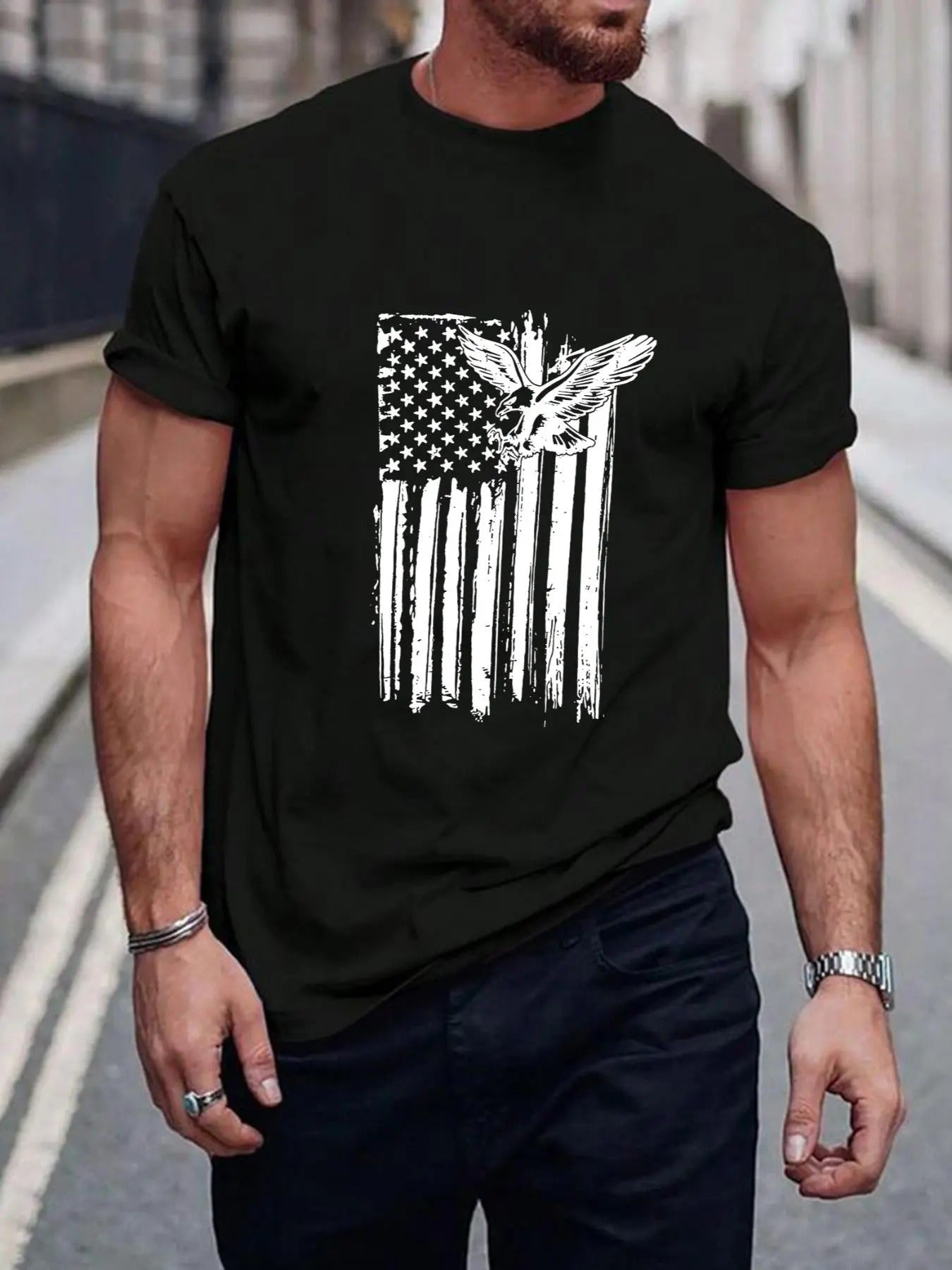 Men's Eagle & Flag  Print Round Neck Tee, Casual Streetwear Regular Fit Short Sleeve T-shirt for Summer, Fashion Men's...