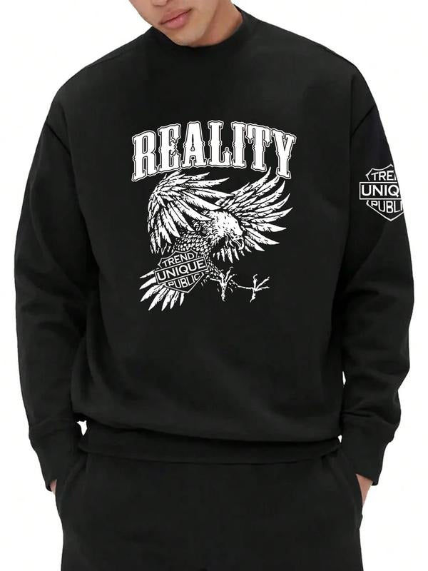 Men's Eagle & Letter Print Drop Shoulder Sweatshirt, Regular Fit Casual Soft Comfy Long Sleeve Round Neck Pullover for...
