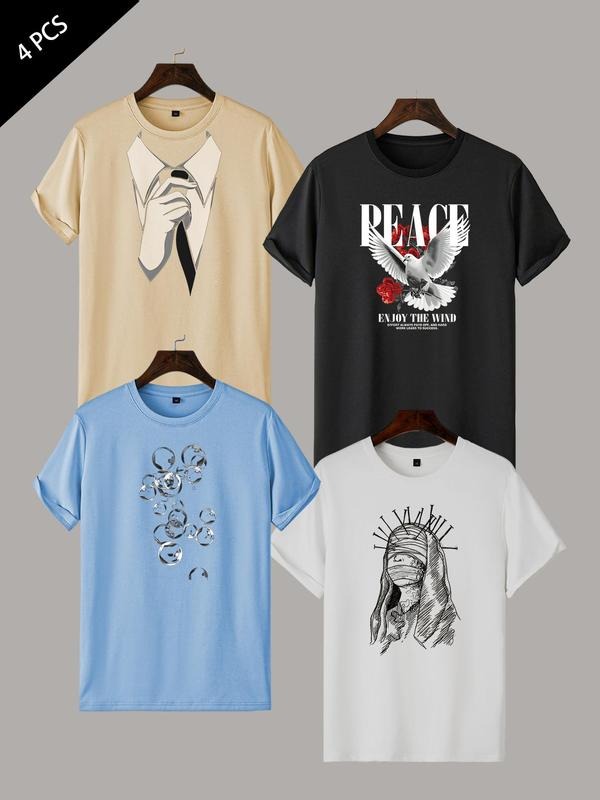 Men's Eagle & Letter Print Round Neck Tee, Regular Fit Casual Short Sleeve T-shirt for Summer, Men's Top for Daily Wear,...