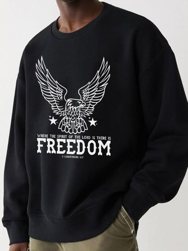 Men's Eagle Print Drop Shoulder Thermal Lined Sweatshirt, Casual Regular Fit Long Sleeve Round Neck Pullover for Fall &...