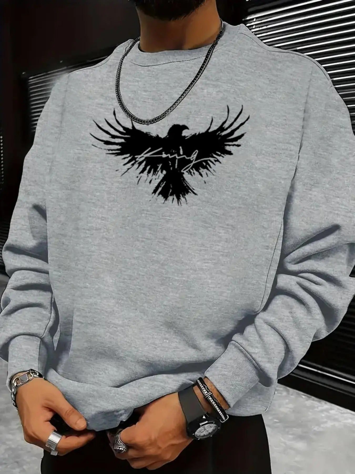 Men's Eagle Print Round Neck Sweatshirt, Regular Fit Casual Fashion Long Sleeve Pullover for Fall & Winter, Men's Clothes...
