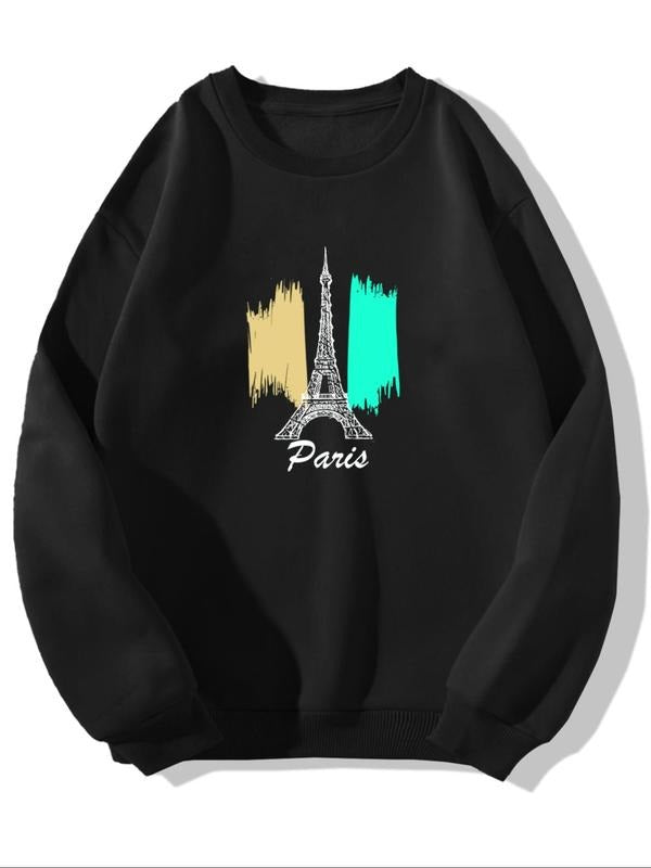 Men's Eiffel Tower & Letter Print Drop Shoulder Sweatshirt, Casual Long Sleeve Round Neck Pullover for Fall & Winter,...