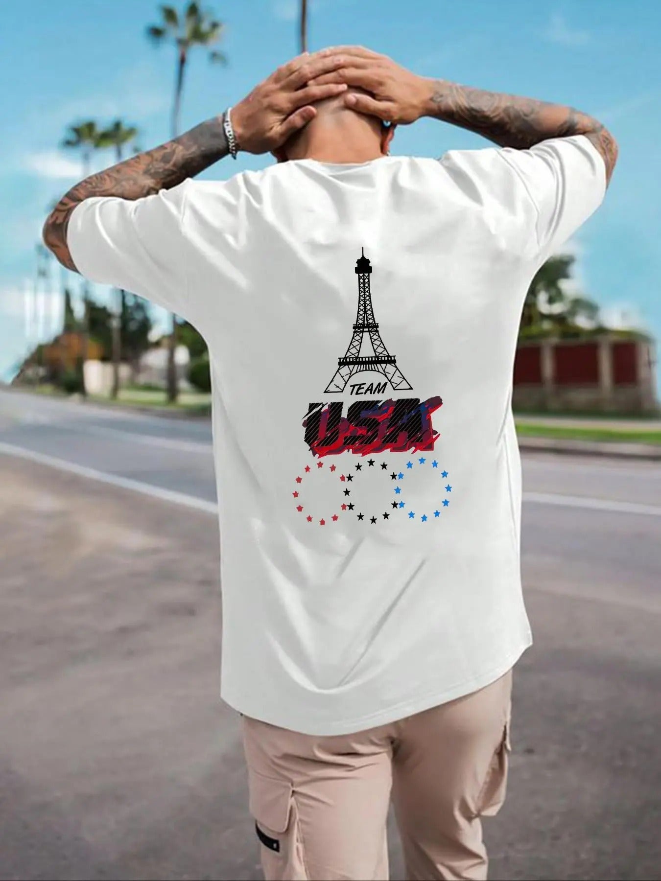 Men's Eiffel Tower & Letter Print Drop Shoulder Tee, Regular Fit Casual Short Sleeve Round Neck Graphic T-Shirt for...