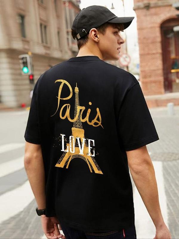 Men's Eiffel Tower & Letter Print Round Neck Graphic Tee, Loose Casual Drop Shoulder Short Sleeve T-shirt for Summer,...