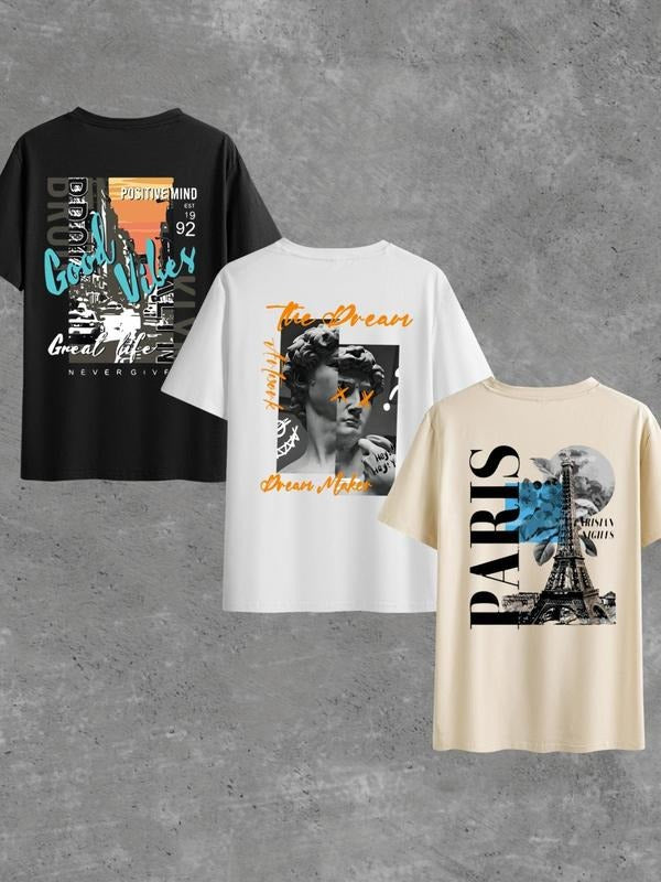 Men's Eiffel Tower & Letter Print Short Sleeve Graphic Tee, Regular Fit Casual Round Neck T-shirt for Summer, Men's Top...
