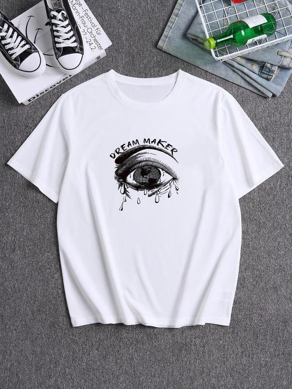 Men's Eye & Letter Print Round Neck Tee, Fashion Casual Short Sleeve T-shirt for Daily Wear, Menswear for Summer Hoodie,...