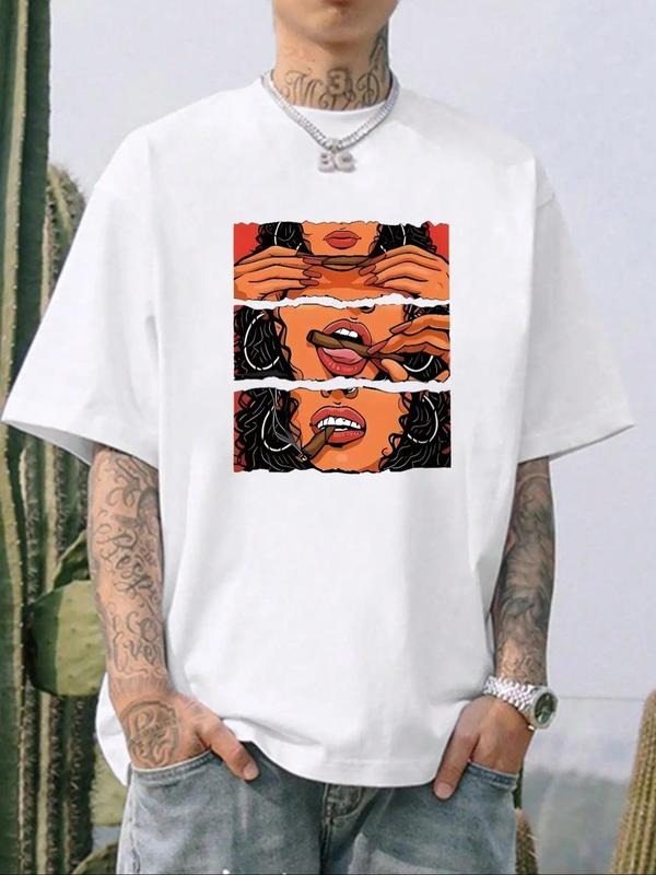 Men's Face Print Drop Shoulder Tee, Regular Fit Casual Comfy Round Neck Half Sleeve T-shirt for Summer, Fashion Men's Top...