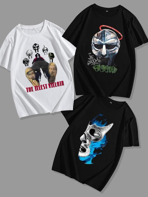 Men's Face Print Short Sleeve Graphic Tee, Regular Fit Casual Round Neck T-shirt for Summer, Men's Top for Daily Wear...