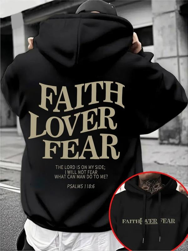 Men's Faith Lover Fear Print Hoodie, Regular Fit Casual Street Letter Print Long Sleeve Hooded Sweatshirt for Daily Wear,...