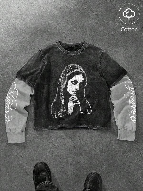 Men's Fall Casual Faux Two-Piece Long Sleeve T-Shirt, Religious Print Cotton Fabric, Comfortable Regular Fit, Trendy...