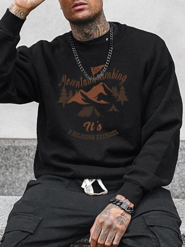 Men's Fall Winter Casual Loose-Fit Sweatshirt, Trendy Fashion Print Pullover, Fleece Lined, Ribbed Cuffs & Hem, No...