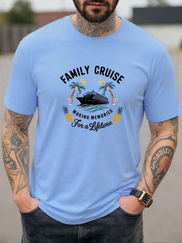 Men's Family Cruise Letter Print Round Neck Tee, Regular Fit Casual Short Sleeve Crew Neck T-Shirt for Daily Wear, Men's...