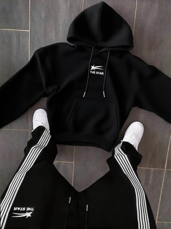 Men's Fashion Graphic Hooded Sweater Set, High-Quality Letter Print, Casual Fitted Short Sleeve, Comfortable and Stylish...