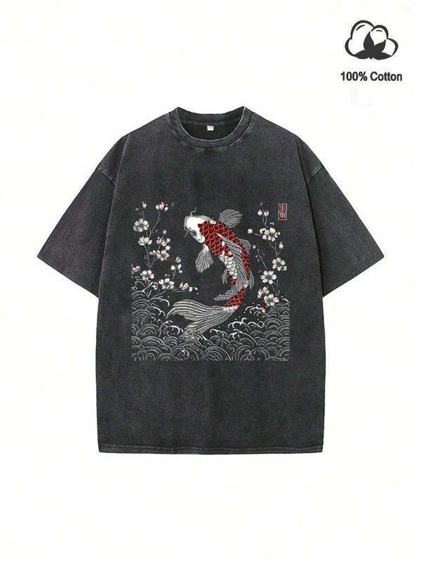 Men's Fashion Koi Fish Print Short Sleeve T-Shirt, Pure Cotton Comfortable Casual Wear, Perfect for Daily Commute &...