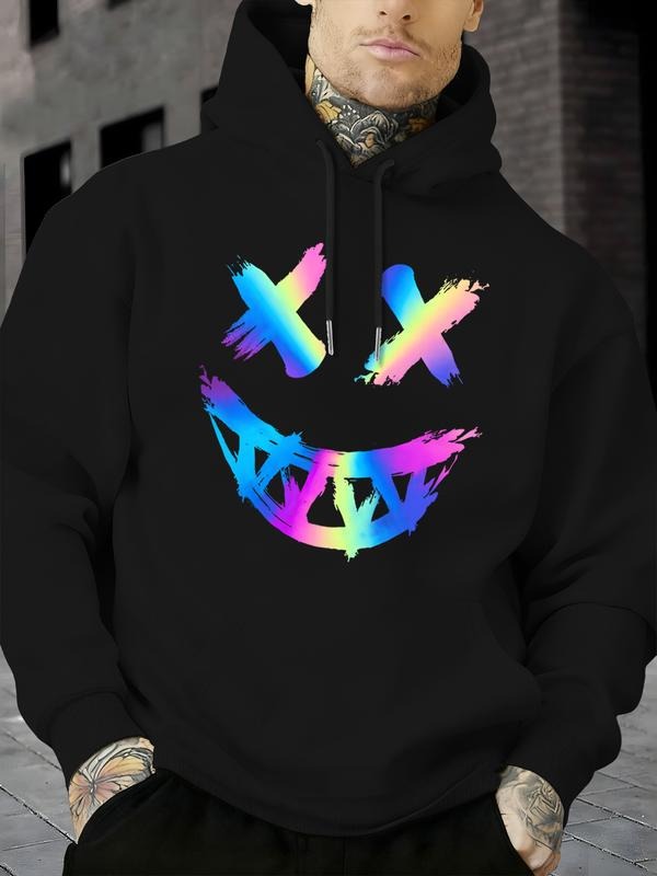 Men's Fashion Smile Face Print Hoodie, Casual Long Sleeve Pullover with Drawstring, Comfortable Fitted Sweatshirt for...